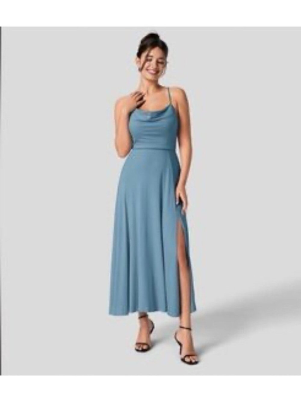 Halara Dress Midi Size XL Cowl Neck Lace Up Back Sundress Rainy Sky Blue NWOT